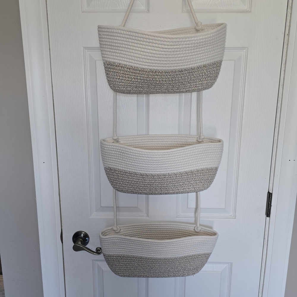 Cream and Tan Woven Hanging Baskets 3 Tier